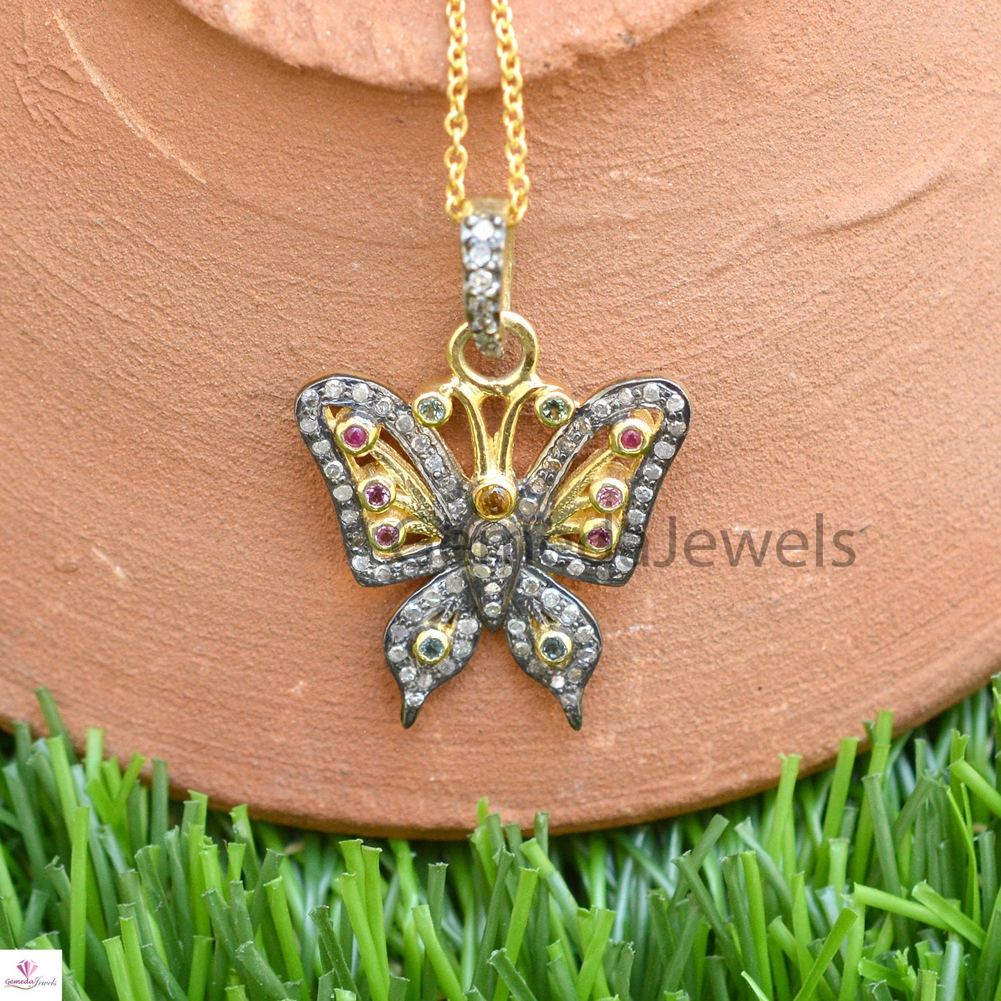 Multi Tourmaline Butterfly Pendant, 925 Silver Gold Plated Jewelry, Pave Diamond Butterfly Pendant Necklace, 16" Silver Chain, Gift For her