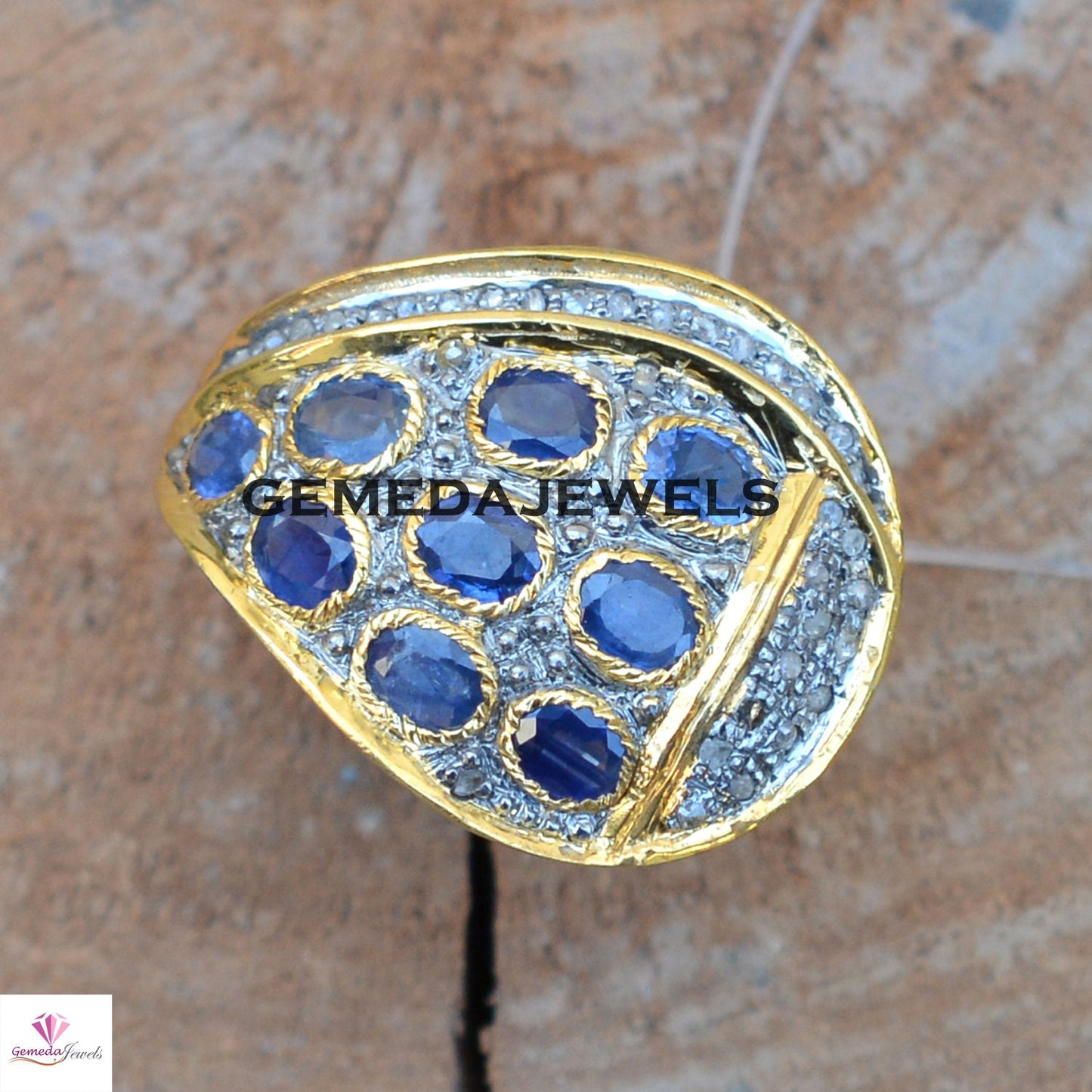 Blue Sapphire Ring, Gemstone Silver Jewelry, Pave Diamond Ring, Sapphire Gemstone Ring, 925 Silver Jewelry, Gold Plated Ring, Gifts For Her