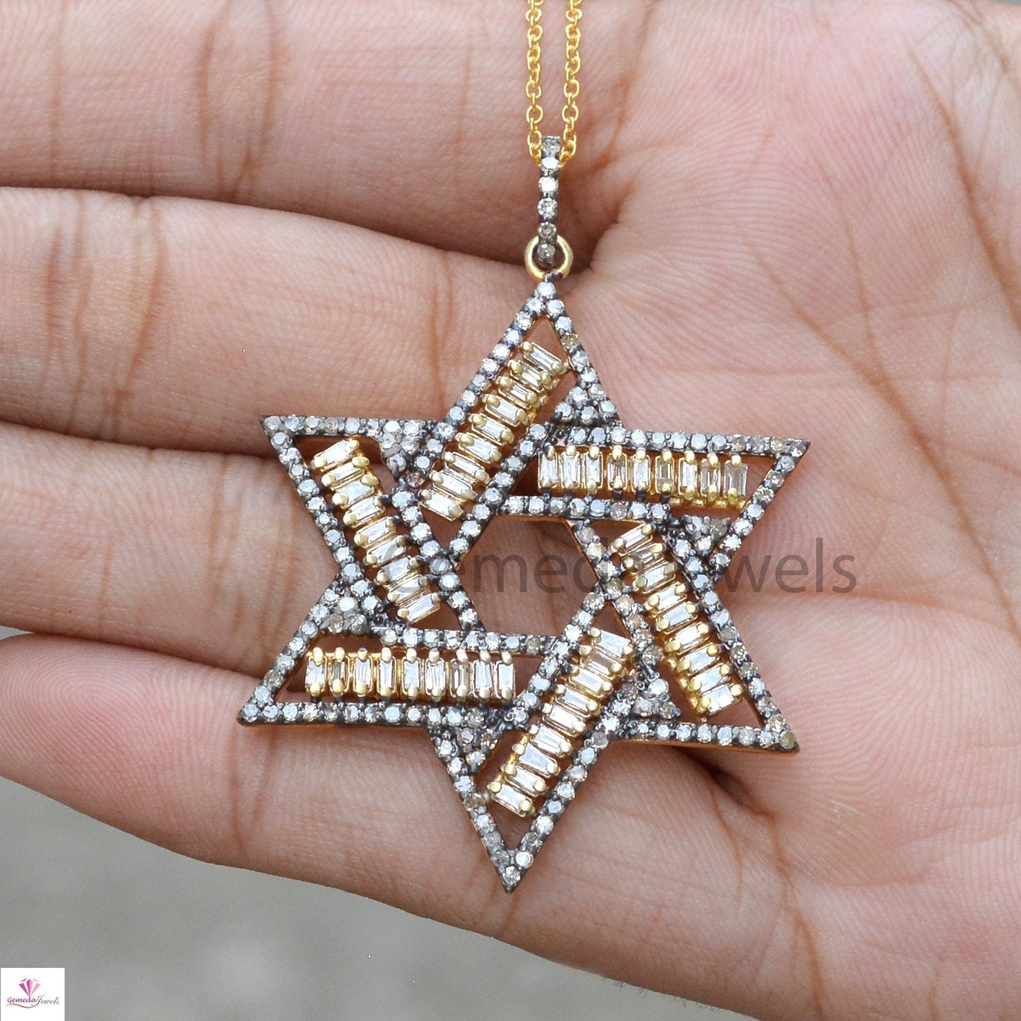 Sale Baguette Diamond Star Pendant, Pave Diamond Handmade Jewelry, 925 Silver Pendant, Star of David Pendant Necklace, 16" Link Chain, Gifts