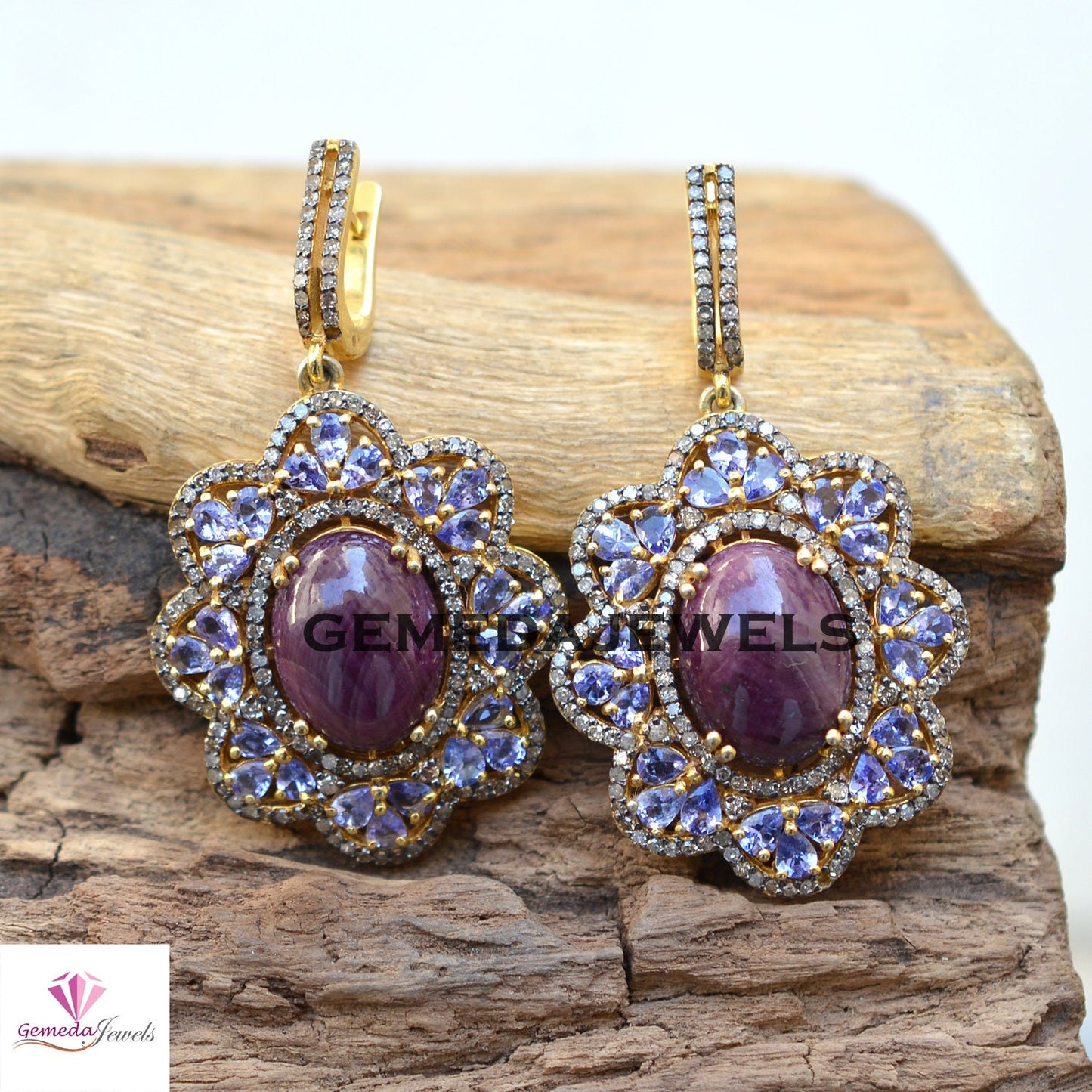 Sale! Classic Ruby Gemstone Earrings, Pave Diamond Jewelry, Sapphire Gemstone Earring, 14k Gold Vermeil 925 Silver Jewelry, Mothers Day Gift