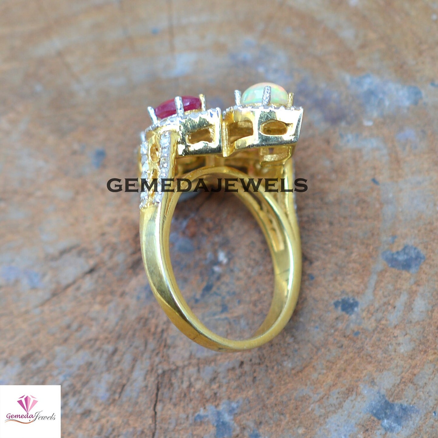 Opal Gemstone Ring, Ruby Silver Ring, Pave Diamond Jewelry, Sterling Silver Jewelry, Gemstone Diamond Ring, 14k Vermeil Plated Jewelry, Gift