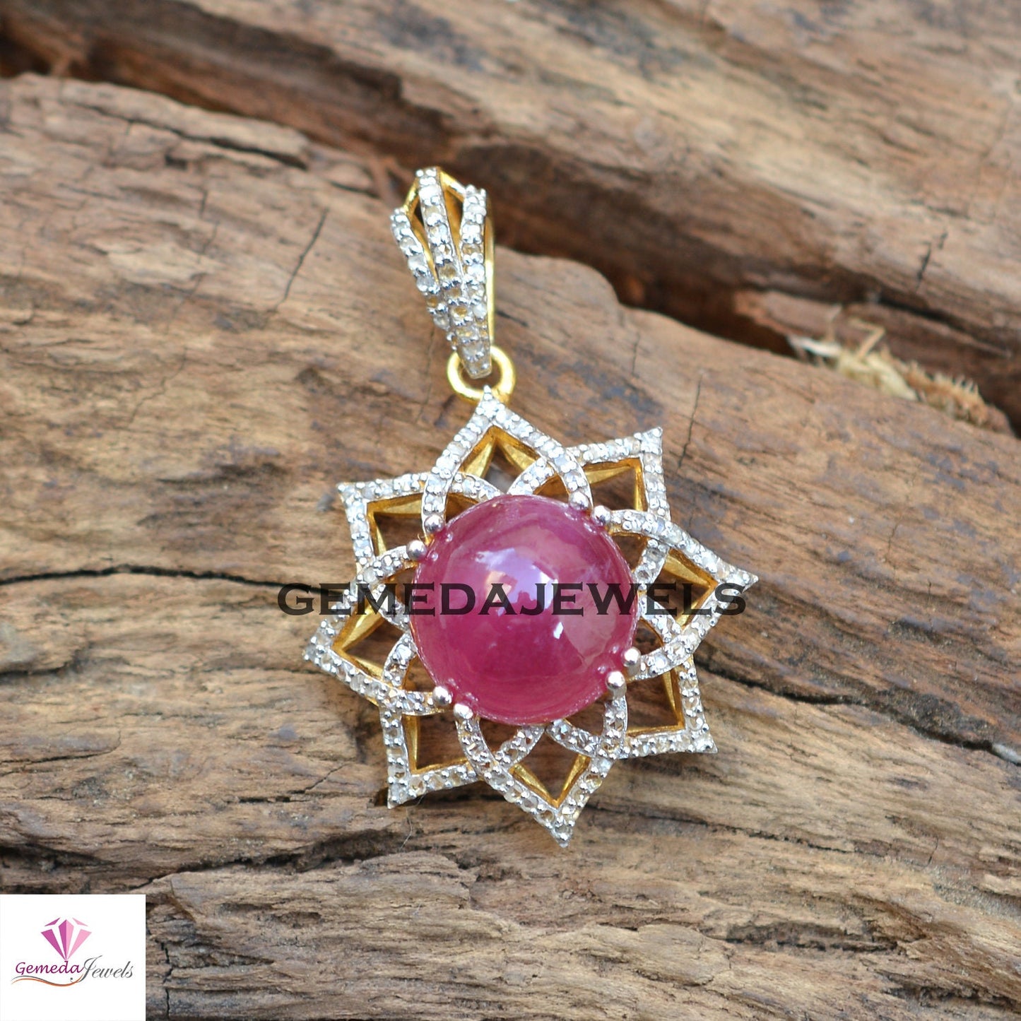 Dazzling Ruby Gemstone Pendant, 925 Silver Jewelry, 14k Gold Vermeil Pendant, Pave Diamond Jewelry, 16" Link Chain Pendant Necklace, Gift