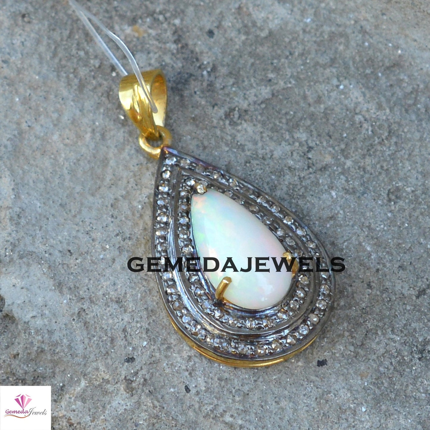 Natural Opal Pendant, Pave Diamond Jewelry, Gemstone Silver Pendant, 925 Silver Jewelry, Gold Plated Pendant, 16" Chain Necklace Jewellery