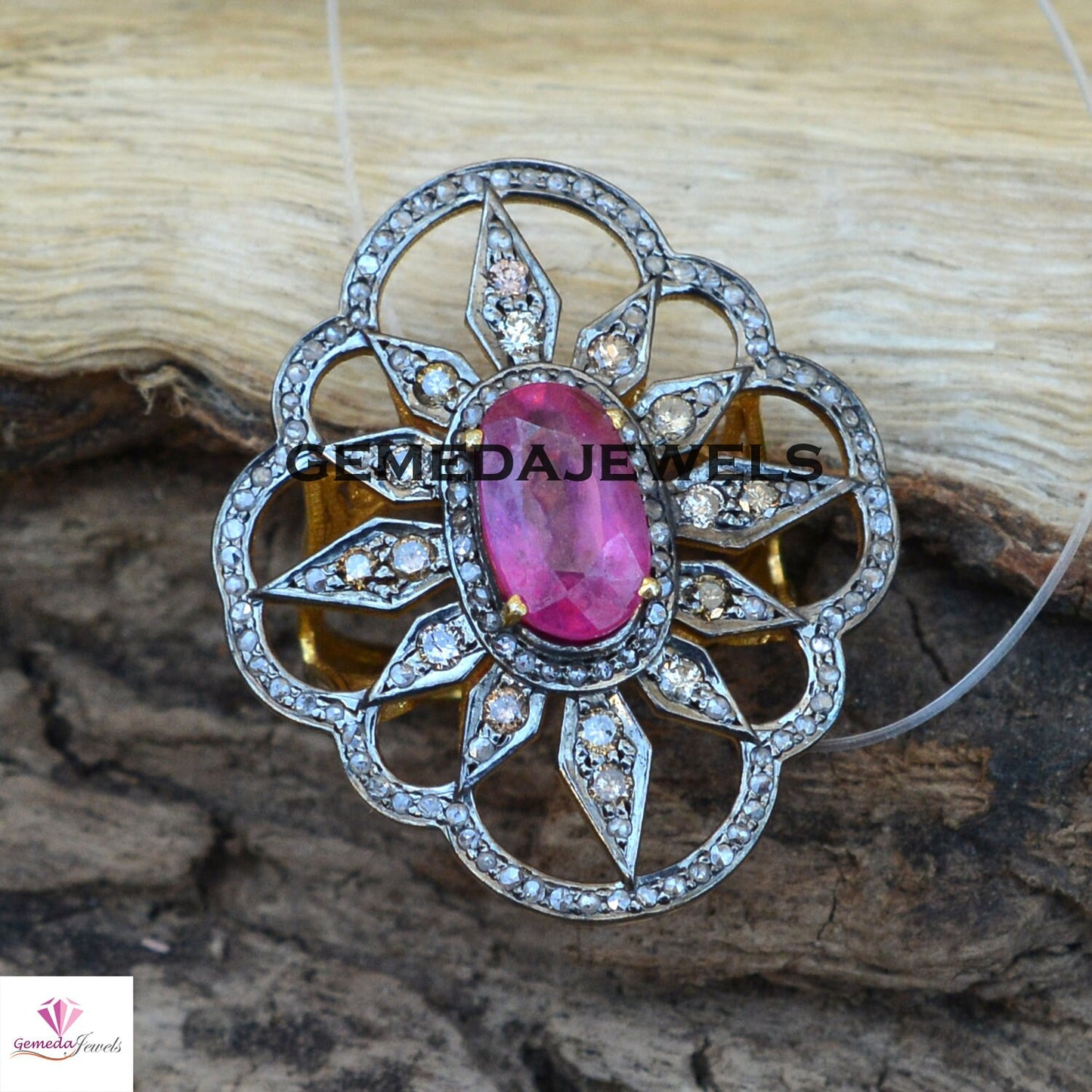 Ruby Gemstone Ring, Diamond Flower Ring, 925 Silver Jewelry, Gemstone Silver Jewelry, Gold Vermeil Ring, Gemstone Floral Ring, Gift For Her