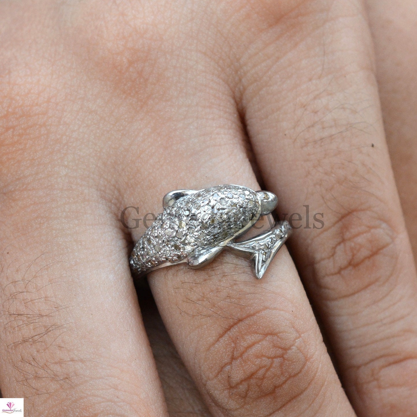 Natural Pave Diamond Dolphin Ring, Handmade Ring Jewelry, Pave Diamond Ring Jewelry, 925 Sterling Silver Ring, Animal Jewelry, Gift For her