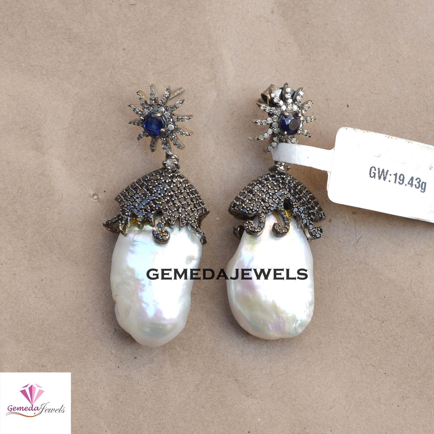 Sale! Charming White Pearl Earrings, Black Spinel Gemstone Jewelry, Sapphire Silver Earring, 925 Silver Jewelry, Pave Diamond Earrings, Gift