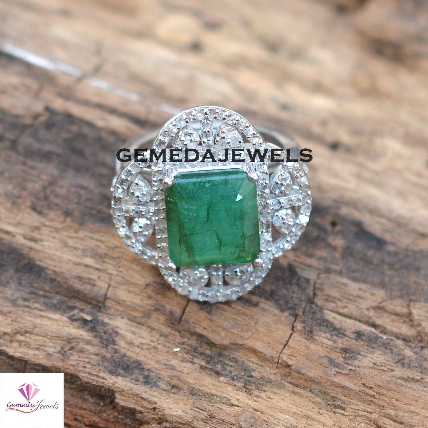 Emerald Gemstone Ring, Pave Diamond Jewelry, Diamond 925 Silver Ring, Sterling Silver Jewelry, Gemstone Diamond Ring, Wedding Gift Jewelry
