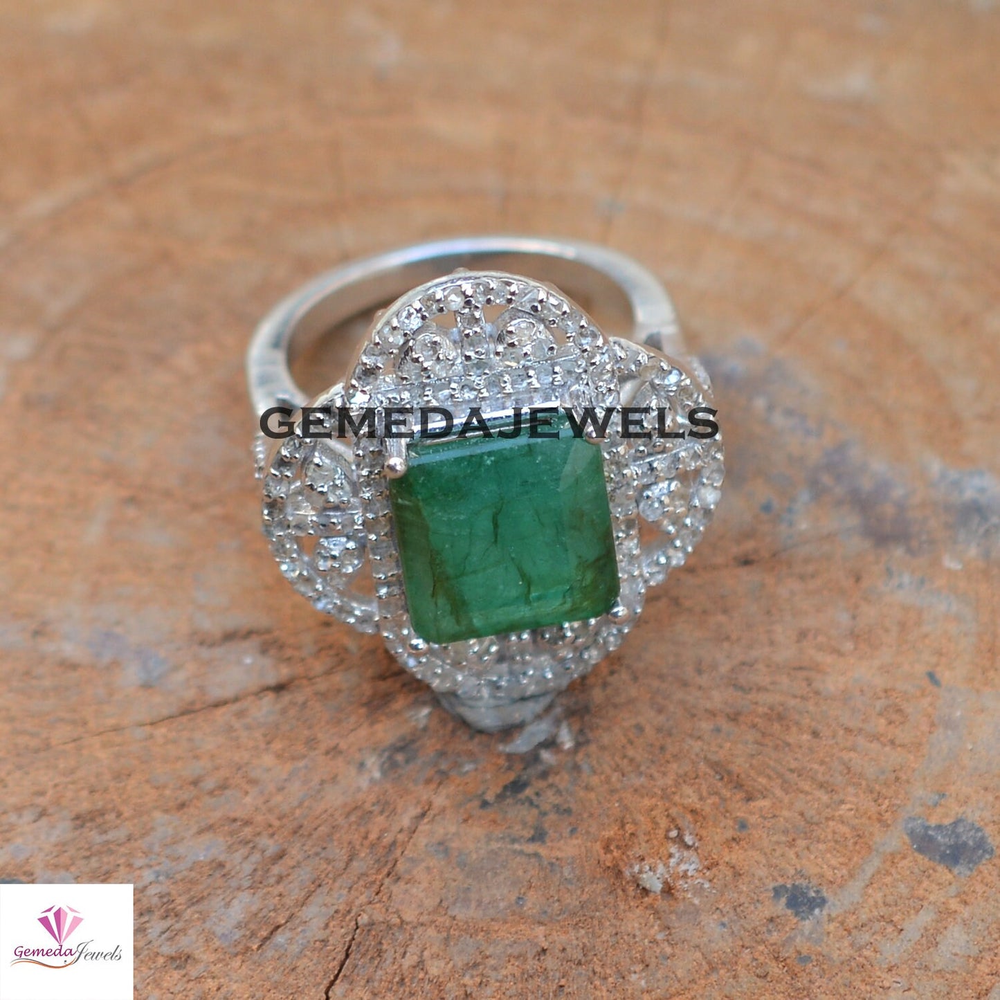 Emerald Gemstone Ring, Pave Diamond Jewelry, Diamond 925 Silver Ring, Sterling Silver Jewelry, Gemstone Diamond Ring, Wedding Gift Jewelry