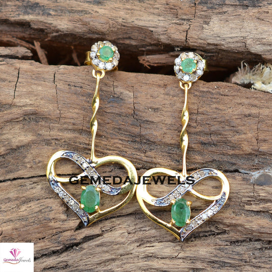 Sale Emerald Heart Earrings, Pave Diamond Jewelry, 925 Silver Earrings, Gold Vermeil Jewelry, Gemstone Silver Earrings, Women Gifts Jewelry