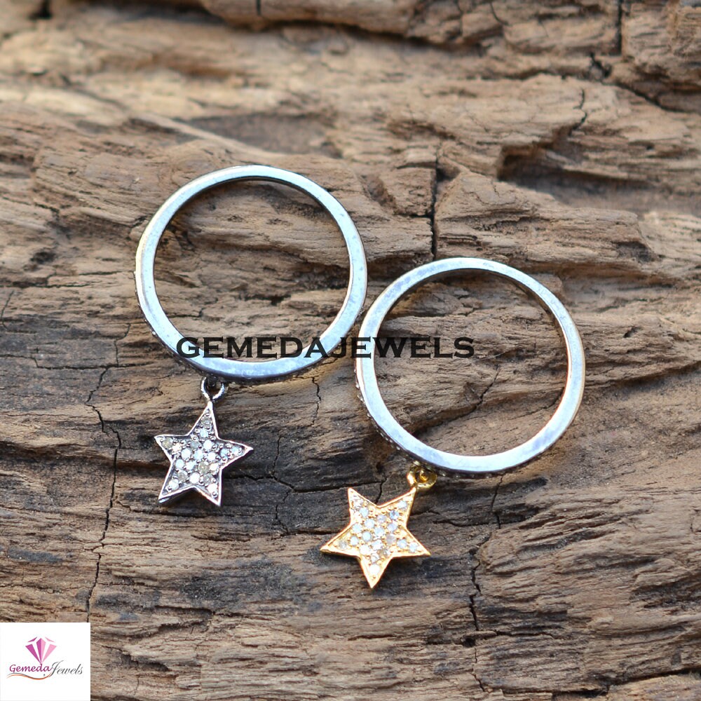 Pave Diamond Band Ring, Star Connector Band Ring, Gold Plated Star Jewelry, Rhodium Plated Star Ring, 925 Silver Jewelry, Minimalist Jewelry
