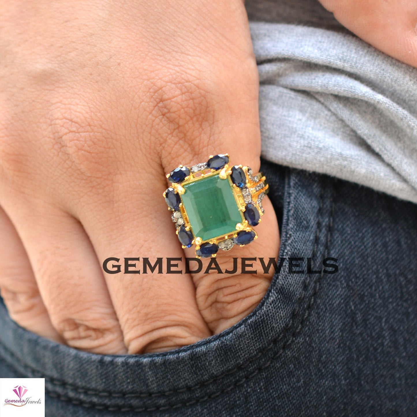 Genuine Emerald Ring, Blue Sapphire Gemstone Ring, Pave Diamond Jewelry, 925 Silver Ring Jewelry, Gold Vermeil Ring, Statement Ring, Gifts