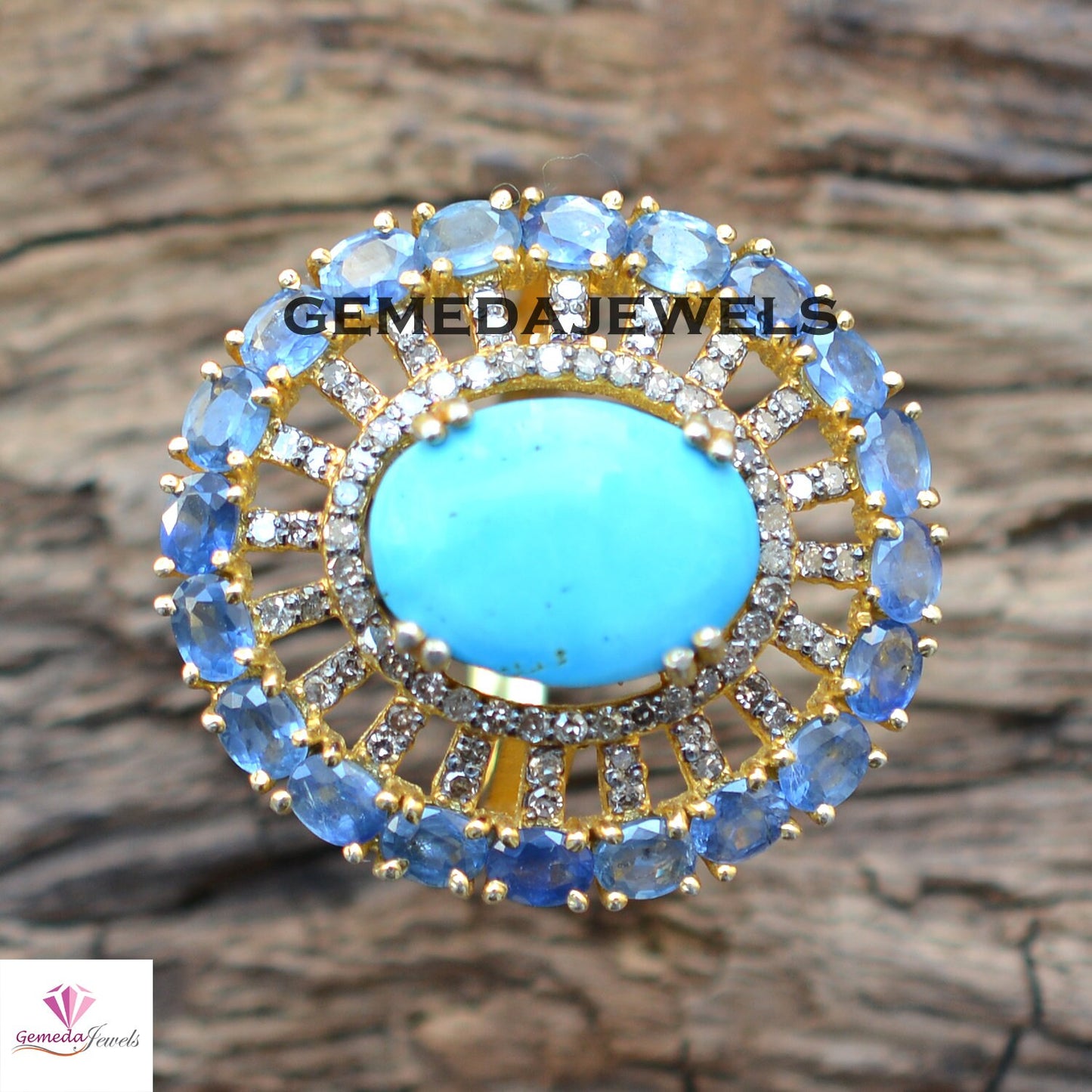 Blue Turquoise Silver Ring, Sapphire Gemstone Ring, Gemstone Flower Jewelry, Pave Diamond Ring, 925 Silver 14k Gold Plated Jewelry, Gifts