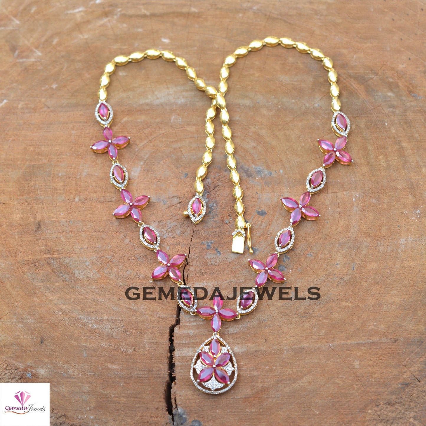 Sale!! Ruby Jewelry Set, Gemstone Flower Jewelry, Pave Diamond 22" Necklace, Earrings Necklace Jewelry Set, 925 Silver Jewelry, Gift For Her