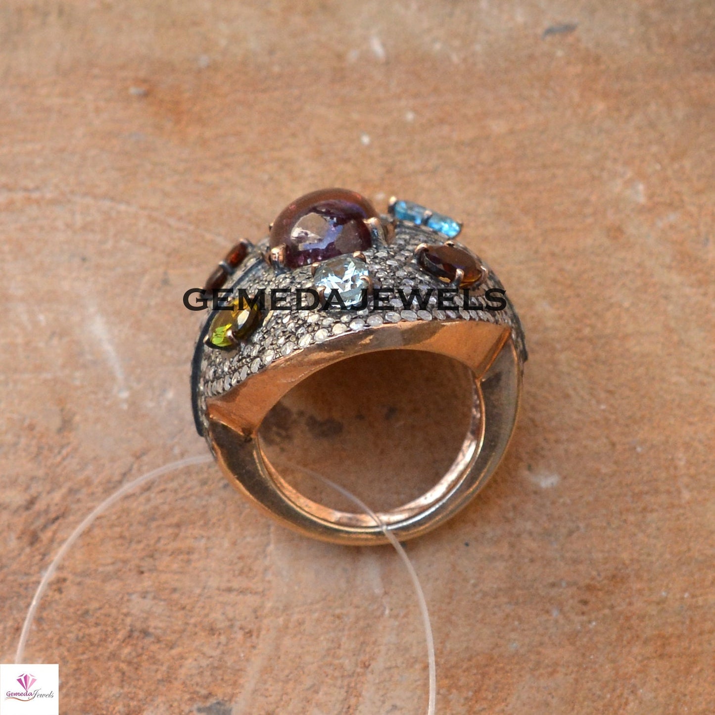 Multi Gemstone Ring, Pave Diamond Ring, Rose Gold Plated Ring, 925 Silver Jewelry, Gemstone Silver Ring, 4th Anniversary Gift, Wedding Gifts