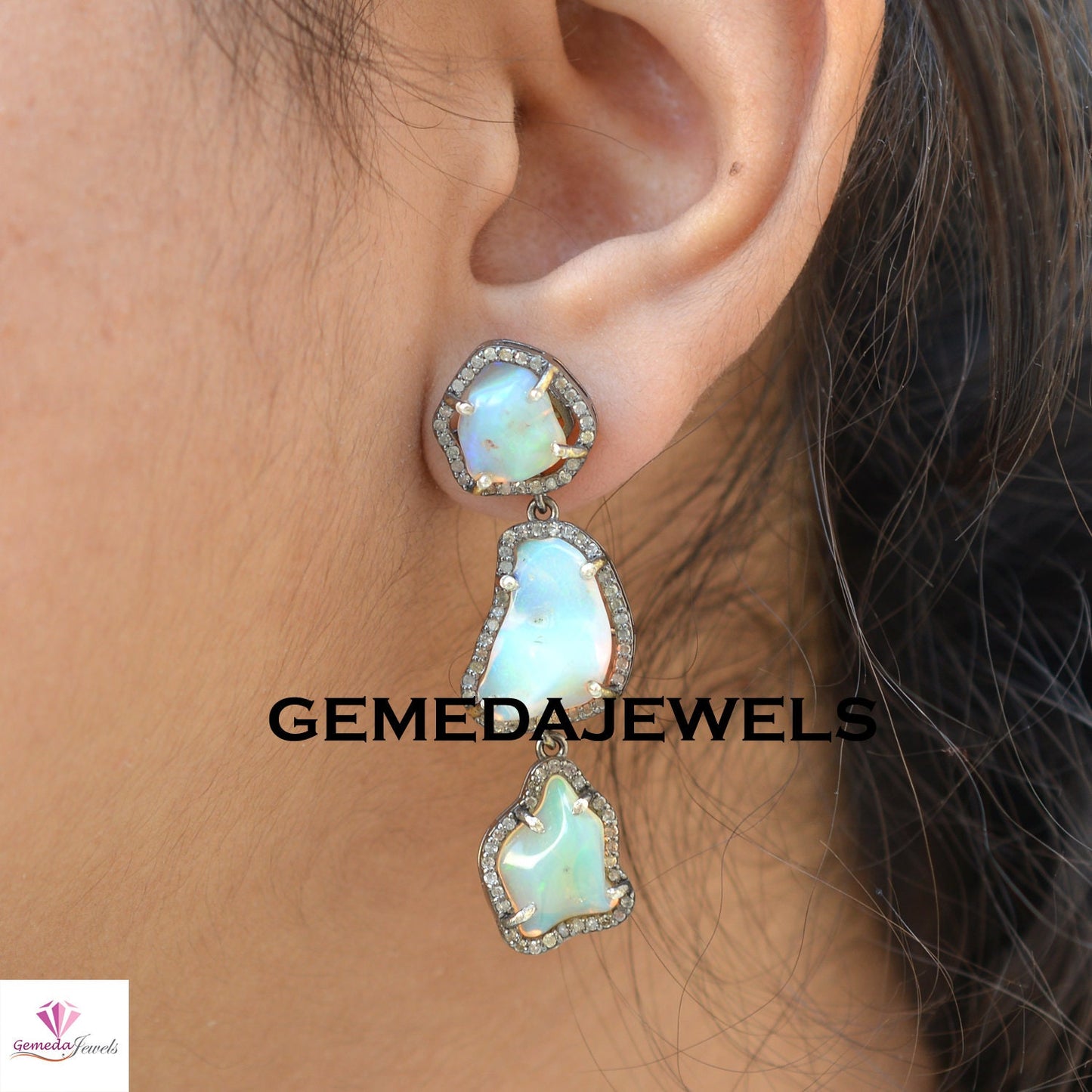 Sale Opal Gemstone Necklace, Pave Diamond Earrings, Opal Necklace Earrings Jewelry Set, 925 Solid Silver, 18" Silver Link Chain Necklace