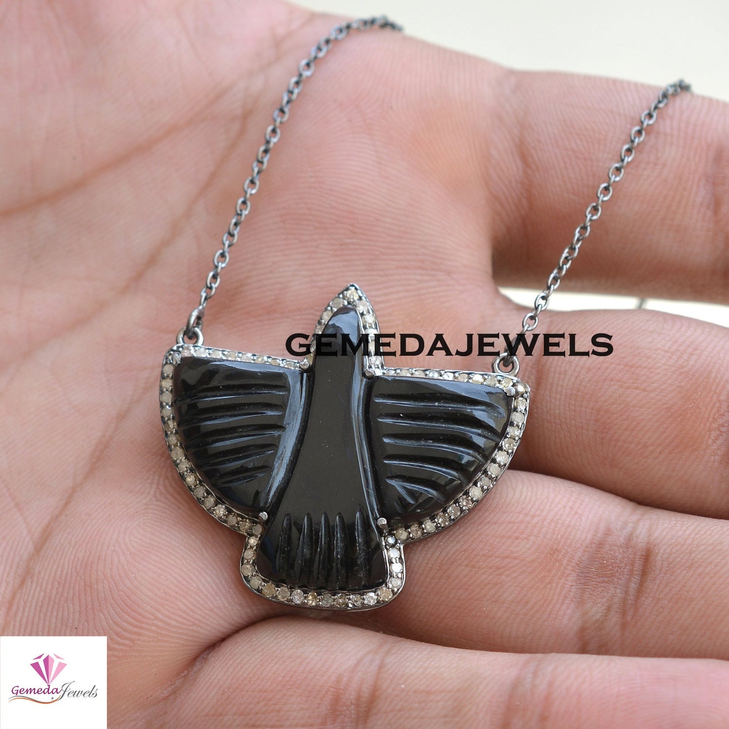 Sale! Black Onyx Hummingbird Gemstone Pendant, 925 Silver 18" Link Chain Pendant Necklace, Pave Diamond Jewelry, Bird Pendant Jewelry, Gift