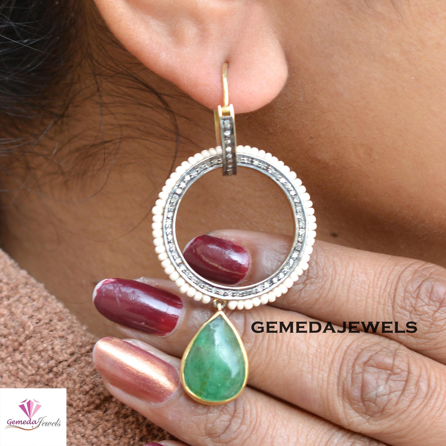 Sale! Classic Emerald Gemstone Earrings, TWO IN-ONE Earrings, Pearl Gemstone Jewelry, Pave Diamond Earrings, Designer Earrings, Gift For Her