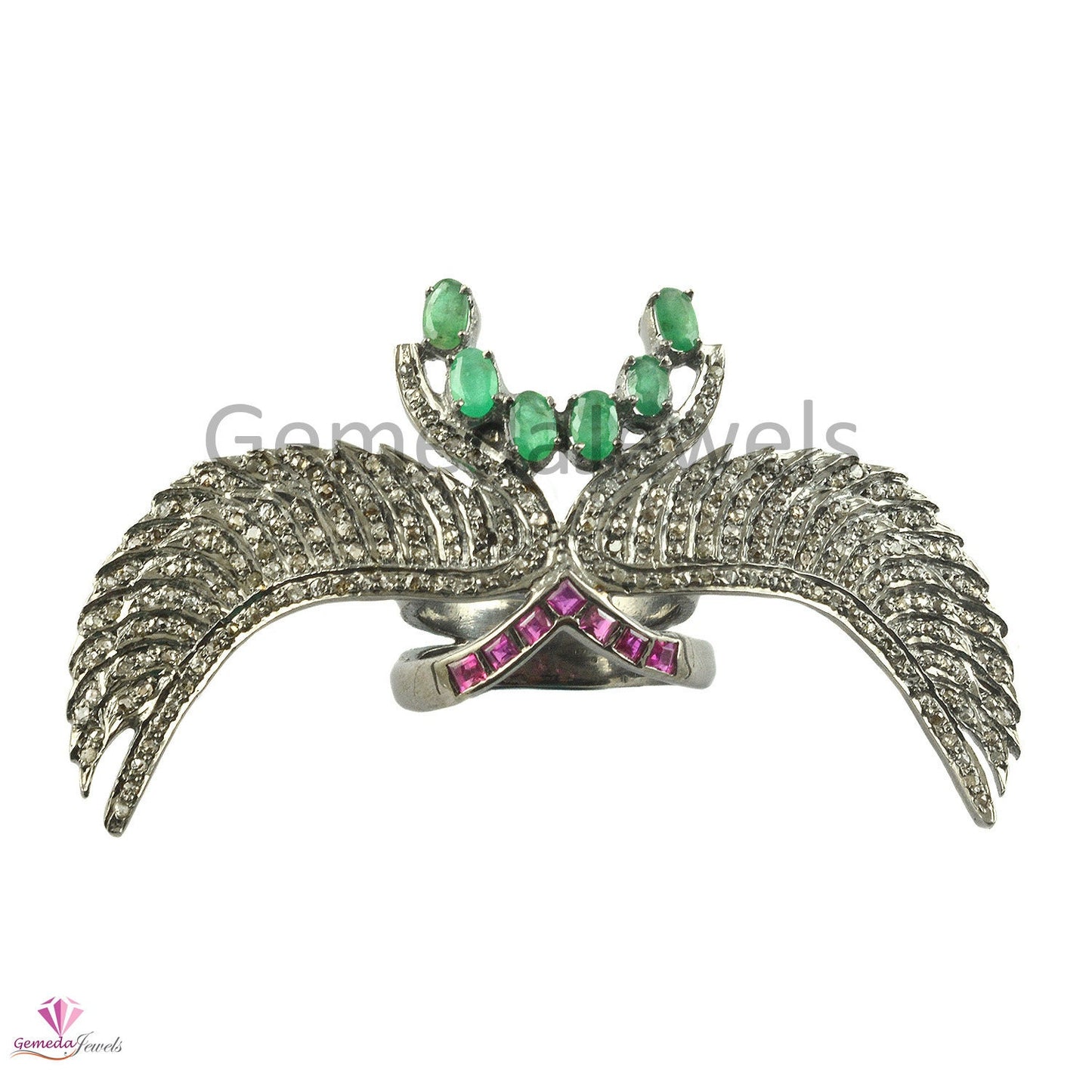 Real Ruby Gemstone 1.78 CTS Natural Pave Diamond Wing Ring Solid 925 Silver Emerald Gemstone Jewelry, Gemstone Silver Ring, Gift For Her