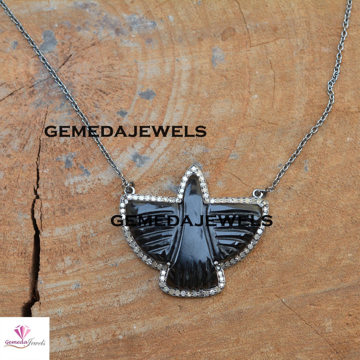 Sale! Black Onyx Hummingbird Gemstone Pendant, 925 Silver 18" Link Chain Pendant Necklace, Pave Diamond Jewelry, Bird Pendant Jewelry, Gift