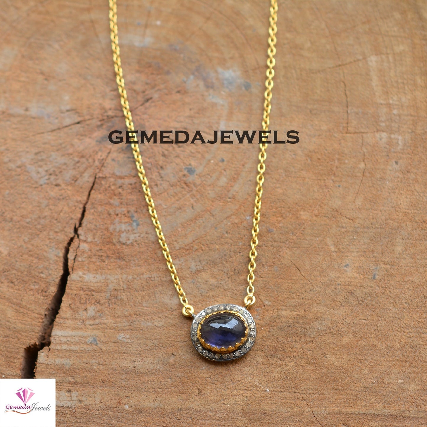 Sapphire Pendant, 925 Silver Jewelry, Pave Diamond Pendant, 14k Gold Plated 18" Link Chain, Gemstone Pendant Necklace, Minimalist Jewelry