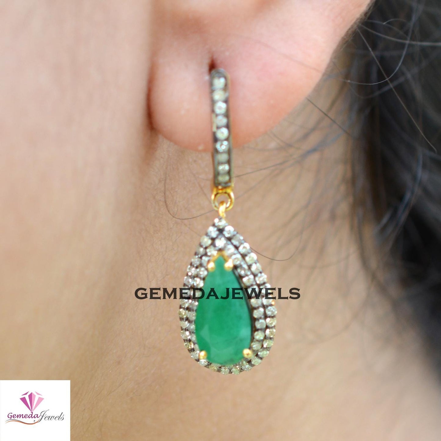 Natural Emerald Gemstone Earrings, 925 Silver Jewelry, 14k Gold Plated Earring, Pave Diamond Earrings Jewelry, Minimalist Jewelry, Gift