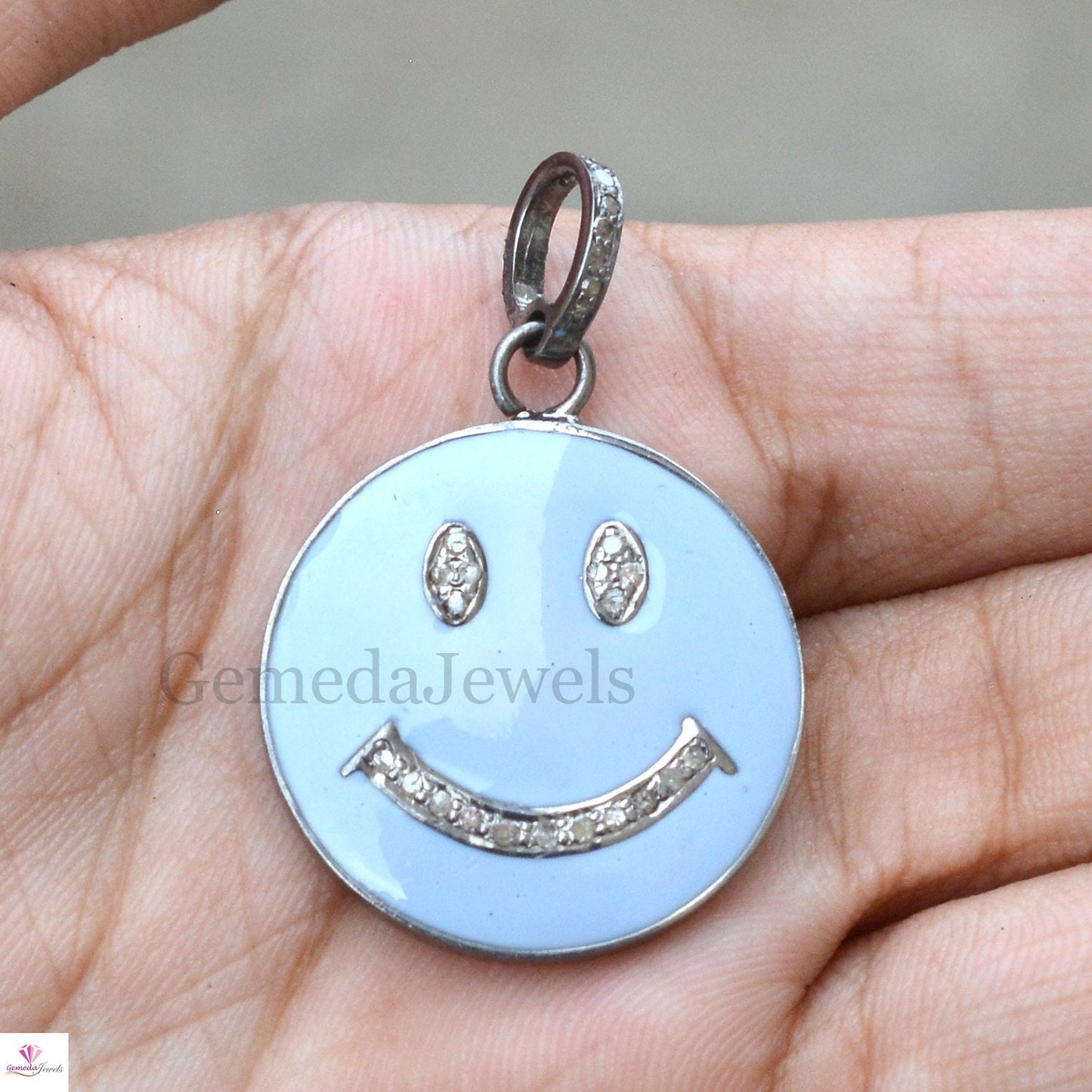 Pink Blue Enamel Pendant, 925 Silver Jewelry, Smiley Face Pendant Jewelry, Pave Diamond Charm Pendant, 16" Chain Necklace, Unisex Pendant