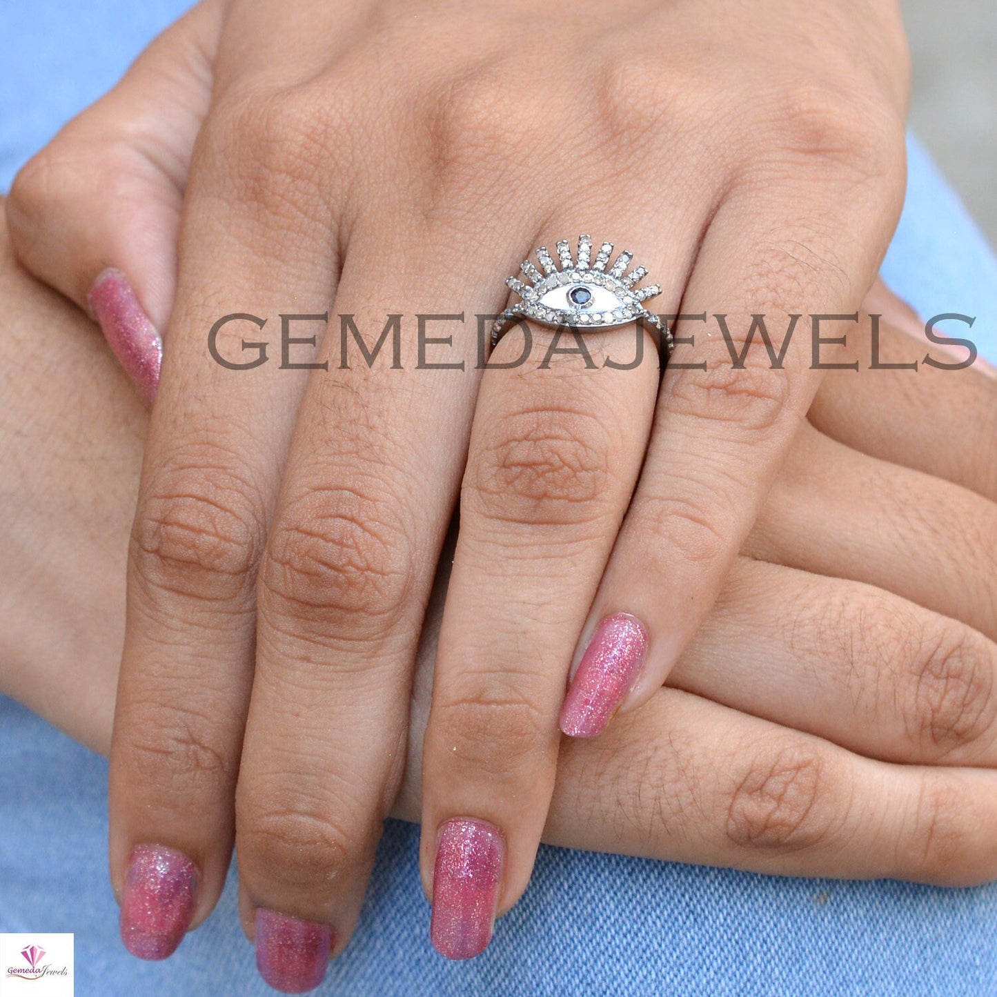 Blue Sapphire Ring, Pave Diamond Evil Eye Ring, 925 Silver Jewelry, Gemstone Diamond Ring, Stacking Ring, Minimalist Jewelry, Birthday Gift