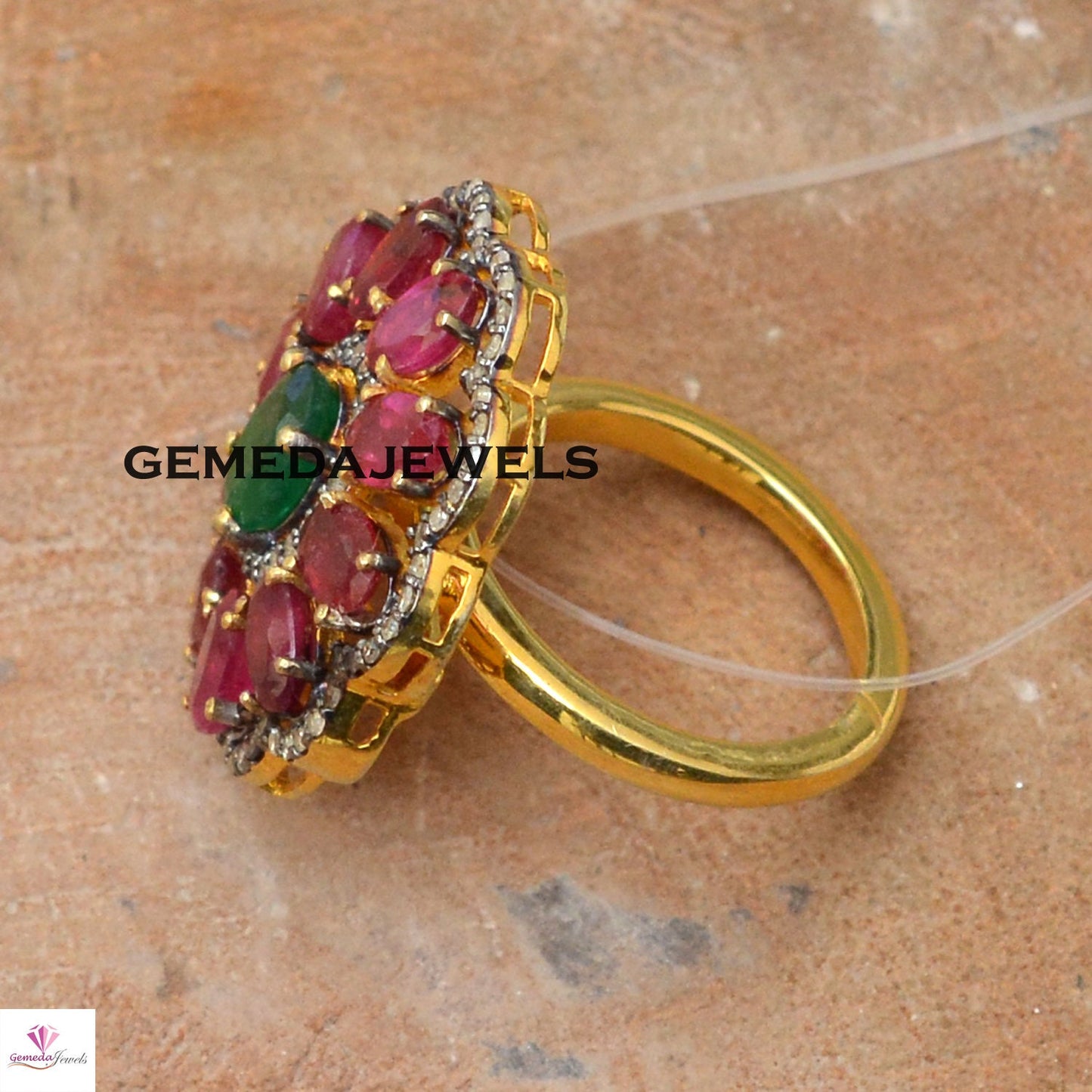Emerald Gemstone Ring, Ruby Gemstone Ring, Pave Diamond Ring, Diamond Silver Jewelry, 925 Silver Gold Vermeil Jewelry, Flower Ring, Gifts