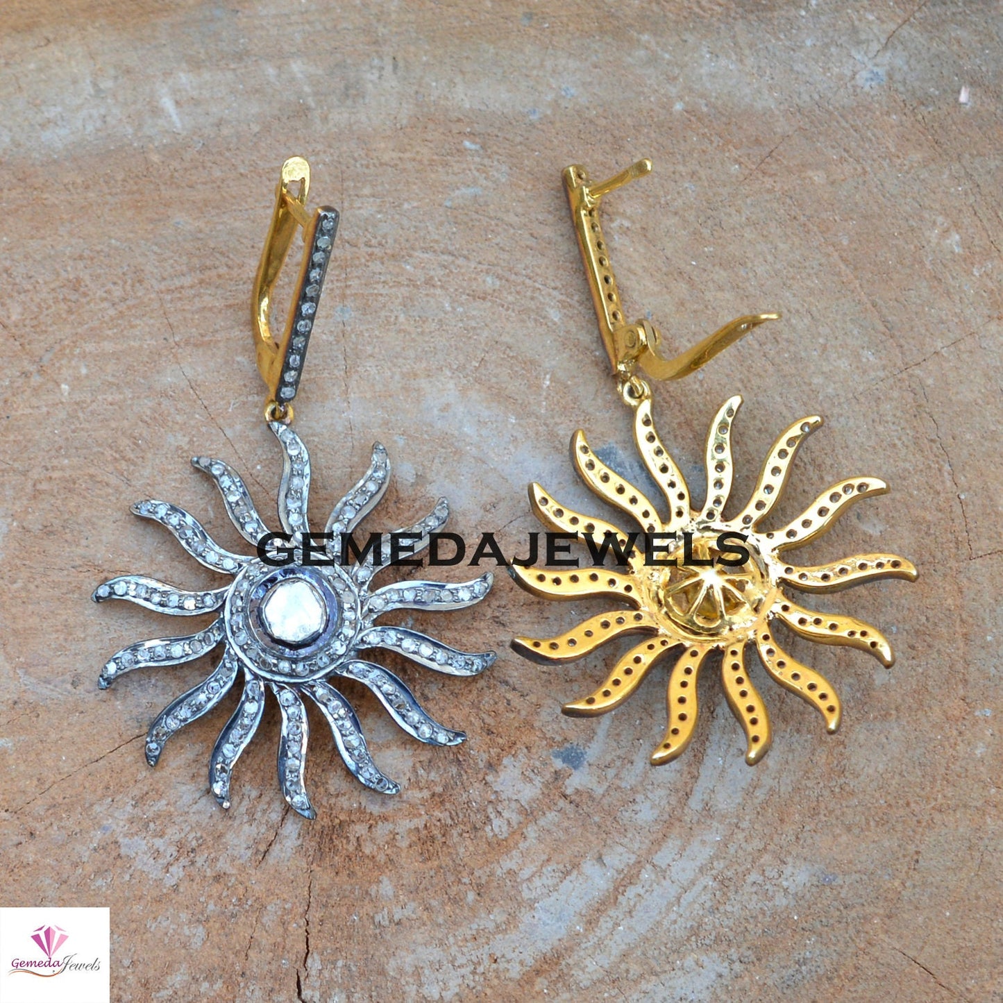 Polki Diamond Sun Earrings, 925 Silver Sun Jewelry, Gold Vermeil Earrings, Pave Diamond Earrings, Diamond Silver Jewelry, Valentine's Gift