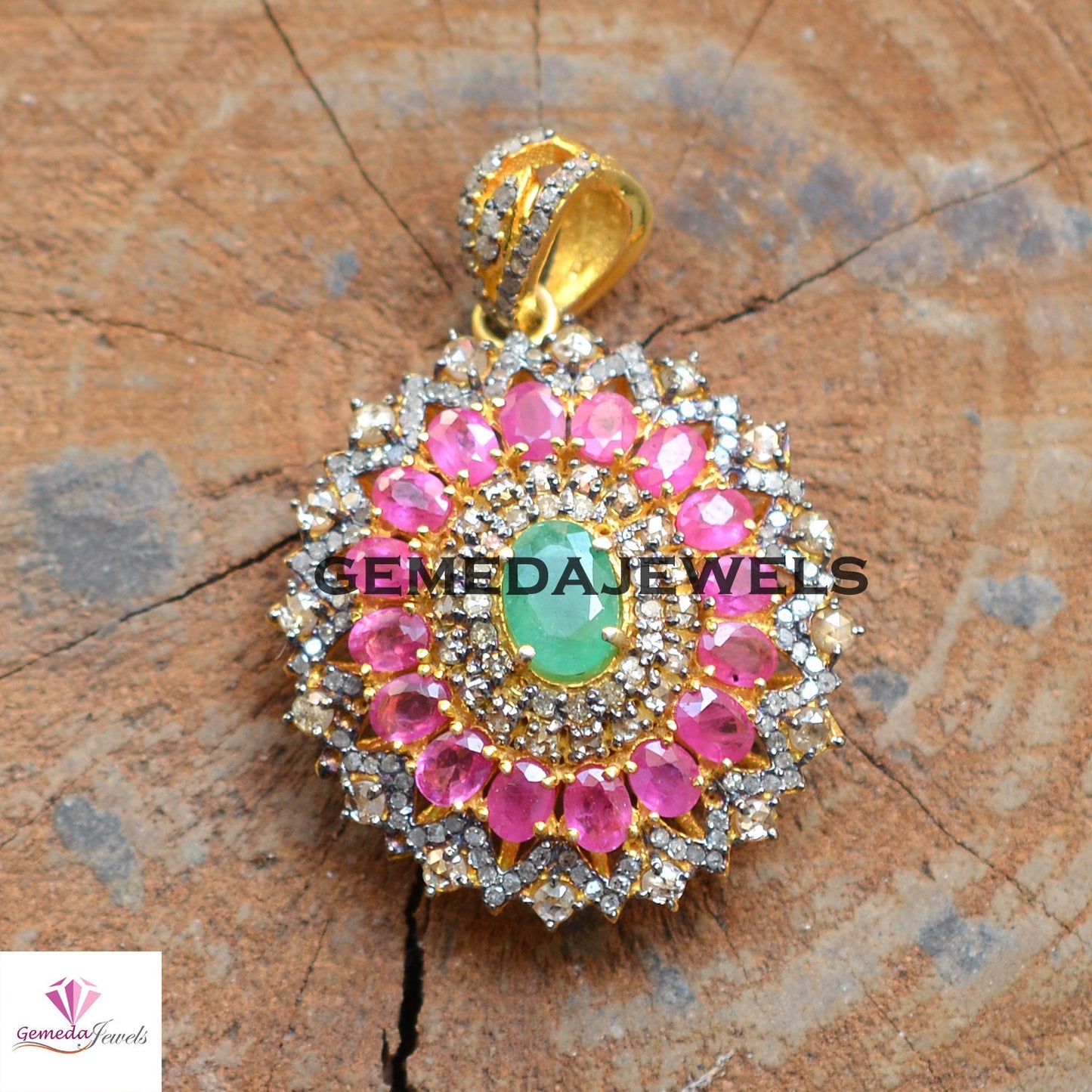 Natural Emerald Gemstone Pendant, Ruby 925 Silver Pendant, Pave Diamond Jewelry, Gemstone Flower Pendant, Gold Vermeil Jewelry, Gift For Her