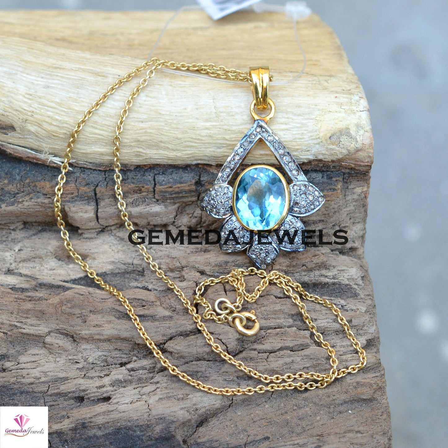 Blue Topaz Pendant, 925 Silver Jewelry, Gold Filled Pendant, Diamond Pendant Necklace, 16" Chain Necklace, Gemstone Flower Pendant, Gifts