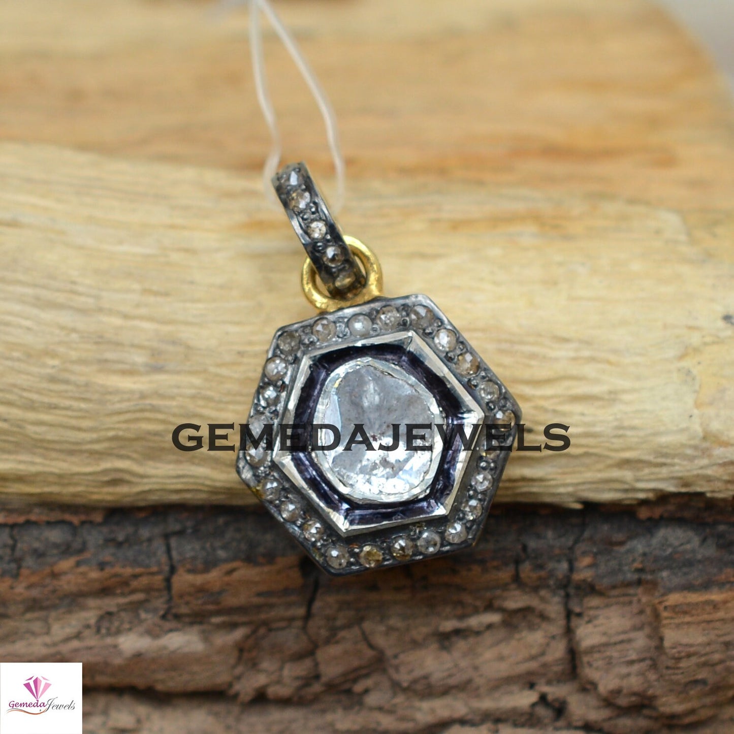 Sale! Rose Cut Polki Diamond Pendant, Yellow Vermeil 925 Silver Pendant, 16" Silver Link Chain Pendant, Hexagon Shape Jewelry, Gift For her