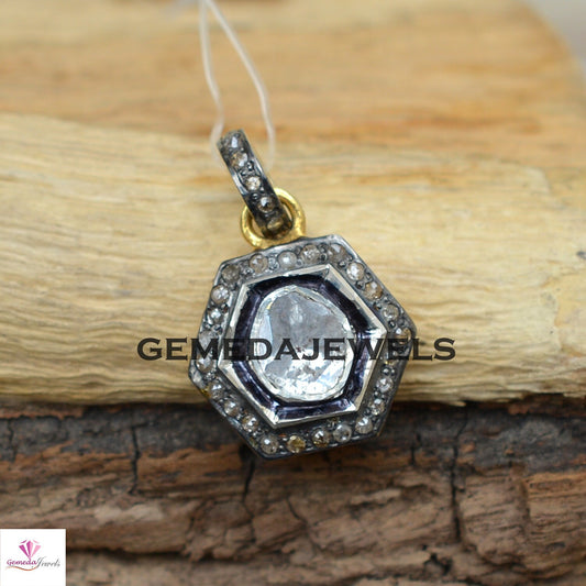 Sale! Rose Cut Polki Diamond Pendant, Yellow Vermeil 925 Silver Pendant, 16" Silver Link Chain Pendant, Hexagon Shape Jewelry, Gift For her